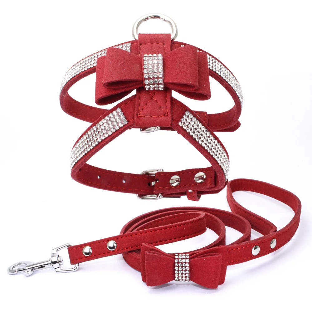 Pet Dog Harness Leash Set with Rhinestone Bow: Suede Bow Leather Leash for Stylish Walks - Image 3