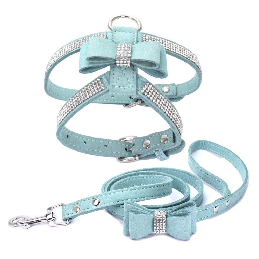 Pet Dog Harness Leash Set with Rhinestone Bow: Suede Bow Leather Leash for Stylish Walks - Image 4